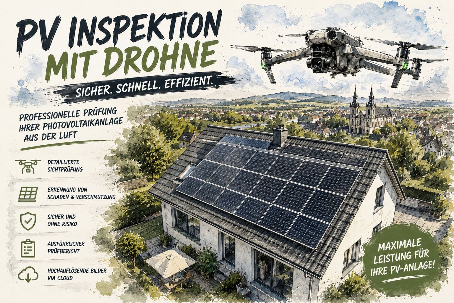 Drohne bei PV-Inspektion auf einem Hausdach in Höxter.