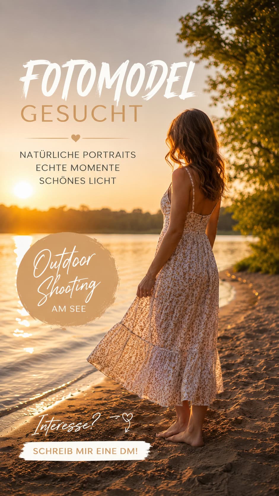 Frau im Sommerkleid am See bei Sonnenuntergang in Höxter.