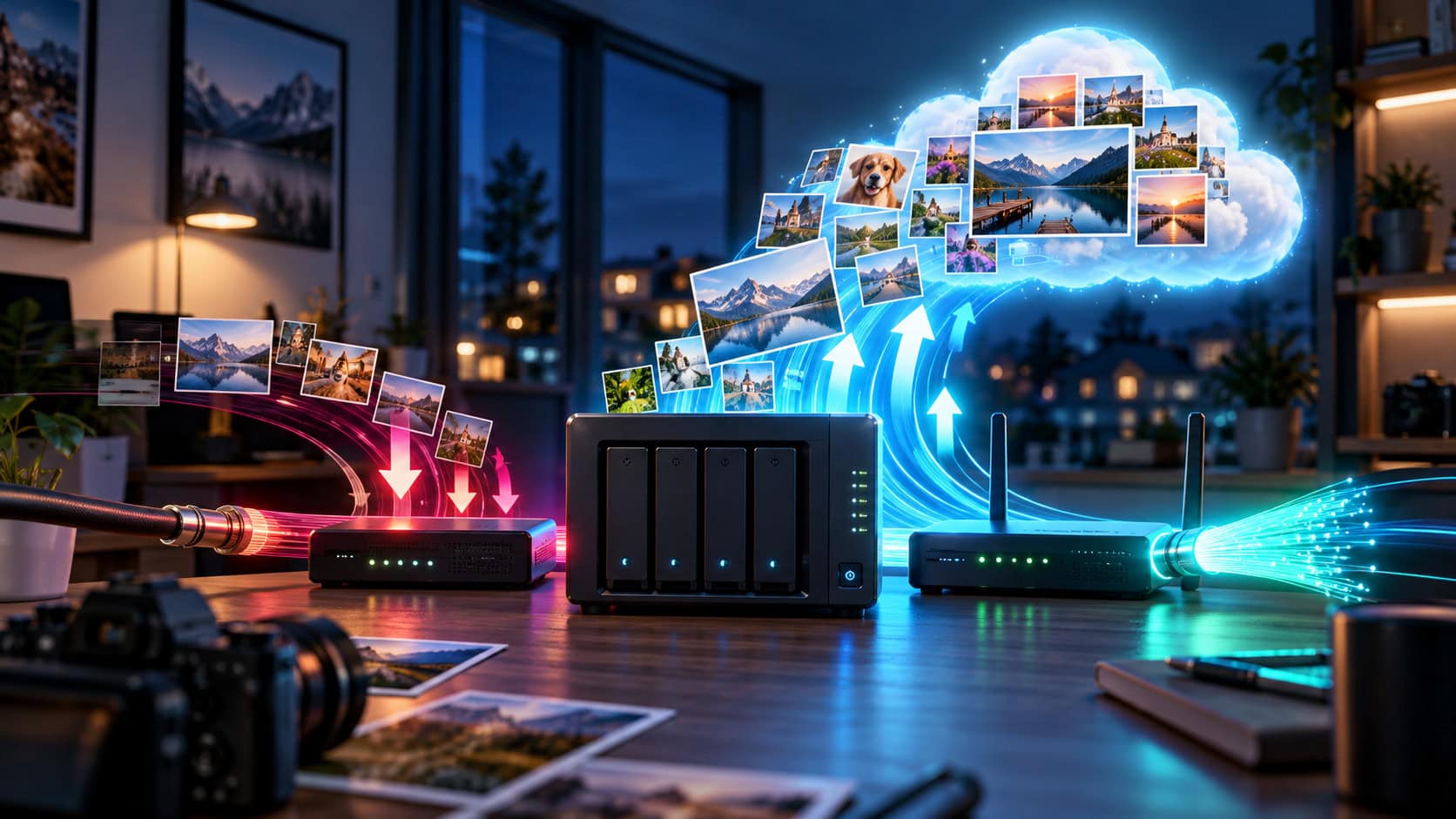 Cloud-Backup mit Fotos und Daten auf einem Tisch in einem modernen Raum.