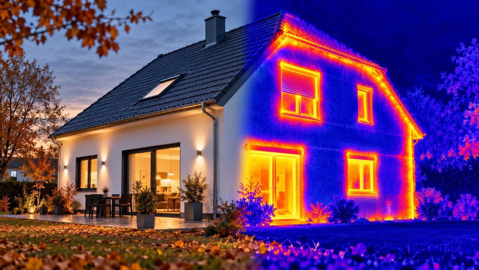 Thermografie eines Hauses zeigt Kältebrücken und undichte Stellen im Herbst.